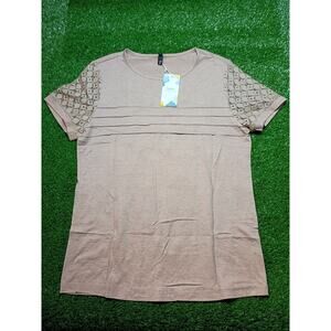 Charming Sunbs Khaki Short Sleeve Lace Detail Top Size S NWT